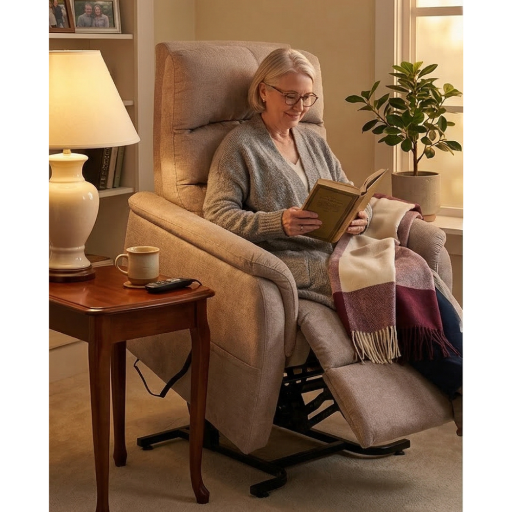 Lifestyle image of a woman sitting upright in the beige Golden Elara lift chair while enjoying a book in her living room.